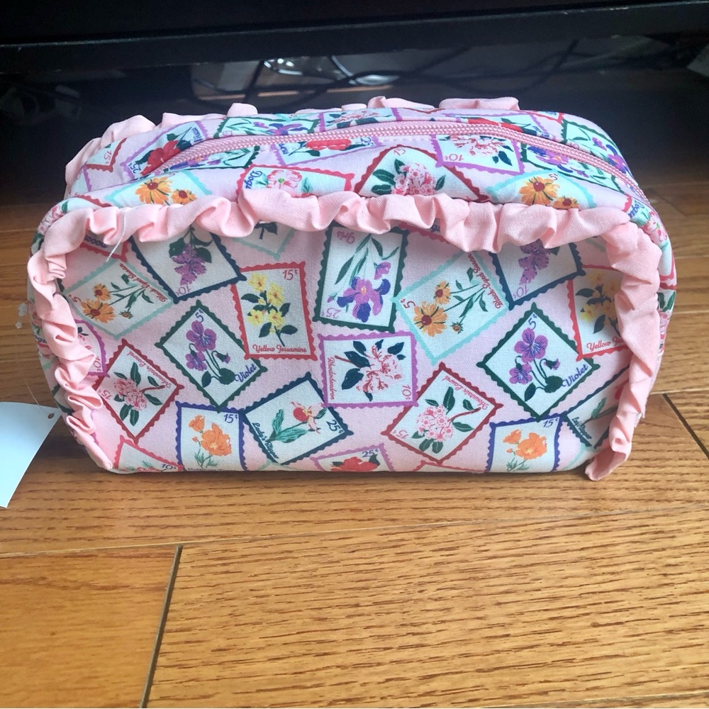 Lancome Pink Floral Stamp Ruffle Coated Canvas like Pouch Cosmetic Bag NWT